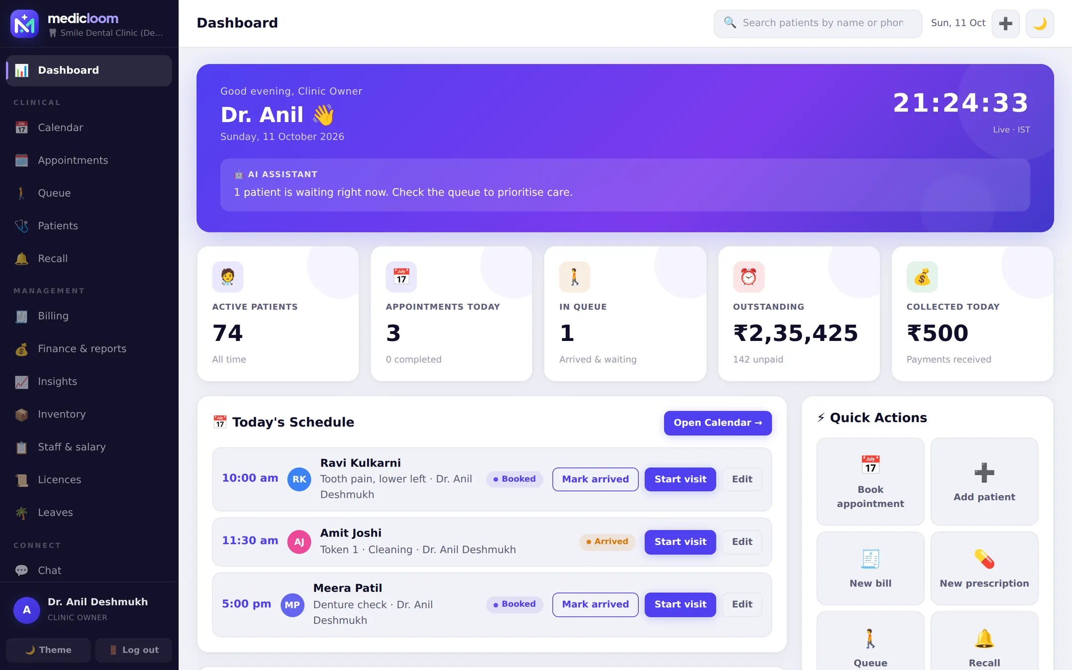 Medicloom dashboard with today's schedule, live queue and quick actions
