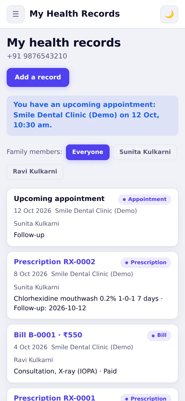 Patient app home with prescriptions and bills